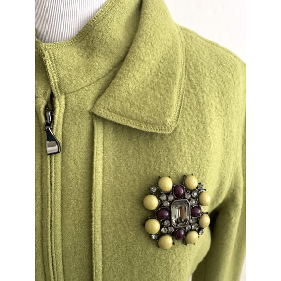 Per Se Jacket 10 Yellow-Green Boiled Wool Full-Zip Brooch Pin Adornment Pockets - Picture 4 of 7